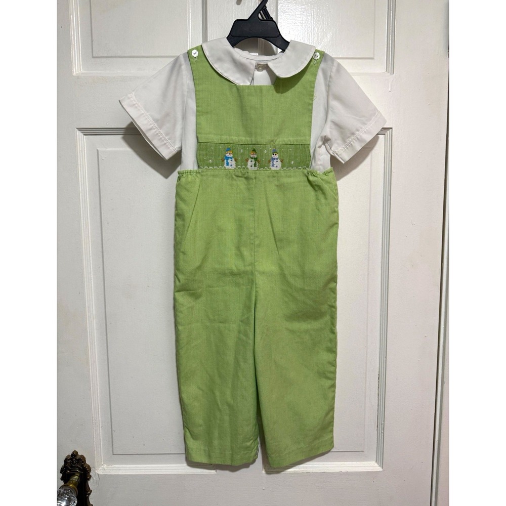 4T Smocked Snowmen Christmas JonJon Longalls Outfit Green Gingham